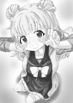  1girl :d absurdres ao_daidai_ki assault_lily bangs belt belt_buckle blunt_bangs blush bow bowtie breasts buckle claw_pose collarbone commentary double_bun foreshortening frilled_skirt frills from_above gradient_background grey_background greyscale grin hair_bow hair_bun hands_up highres jacket kanba_girls_high_school_uniform long_hair long_sleeves looking_at_viewer looking_up medium_breasts miniskirt monochrome open_clothes open_jacket sailor_collar school_uniform scrunchie seiza serafuku shirt sitting skirt smile solo tanba_akari thigh-highs white_background wrist_scrunchie 