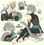  ... 2boys :&lt; ? ^^^ alcohol alhaitham_(genshin_impact) animal_ear_fluff animal_ears animalization bangs bare_shoulders black_gloves black_pants black_shirt blonde_hair blush book cape character_name closed_eyes closed_mouth commentary_request crossed_arms cup dog elbow_gloves feather_hair_ornament feathers feet fingerless_gloves genshin_impact gloves gold_trim green_background green_cape green_eyes green_hair green_sash grey_hair hair_between_eyes hair_ornament hair_over_one_eye hand_up highres holding holding_cup holding_feather kaveh_(genshin_impact) kokotendon lap_pillow leopard_boy leopard_ears leopard_tail long_hair long_sleeves looking_at_another looking_at_viewer looking_back lying male_focus multicolored_hair multiple_boys multiple_views on_side open_book open_mouth pants parted_bangs partially_fingerless_gloves paw_pose paw_print red_eyes sash shirt short_hair shoulder_cape sidelocks simple_background sitting sleeping sleeveless sleeveless_shirt snow_leopard speech_bubble spoken_ellipsis squiggle surprised sweatdrop swept_bangs tail tail_in_mouth tail_raised teeth toes tongue tongue_out translation_request trembling upper_body upper_teeth_only white_shirt 