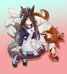  2girls agnes_tachyon_(umamusume) ahoge alternate_costume animal_ears black_pantyhose blue_headwear blue_jacket blush bow bowtie brown_hair chocolate dress earrings food_in_mouth gaman gradient_background hat high_heels horse_ears horse_girl horse_tail jacket jewelry labcoat long_hair long_sleeves looking_at_viewer looking_to_the_side lying manhattan_cafe_(umamusume) mouth_hold multiple_girls on_side pantyhose red_eyes shoes signature single_earring sitting tail umamusume uwabaki valentine white_dress white_footwear yellow_eyes 