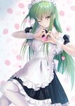 1girl absurdres apron bangs budgiepon c.c. code_geass dress frilled_dress frills green_hair heart heart_hands highres long_hair looking_at_viewer maid maid_apron maid_headdress one_eye_closed pantyhose solo white_pantyhose yellow_eyes 