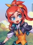  1girl :d bangs battle_academia_lux black_capelet black_gloves black_necktie capelet day forest gloves green_eyes grey_shirt hair_ornament hair_ribbon league_of_legends looking_to_the_side lux_(league_of_legends) nature necktie open_mouth orange_ribbon orange_vest outdoors phantom_ix_row redhead ribbon shiny_skin shirt side_ponytail smile solo translation_request vest 