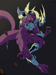  1boy absurdres armor colored_skin commentary_request cooler_(dragon_ball) cooler_(fifth_form)_(dragon_ball) debris dragon_ball dragon_ball_z from_side highres horang4628 horns korean_commentary male_focus purple_skin purple_tail red_eyes solo tail white_armor 