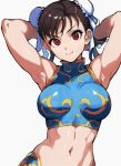  1girl armpits arms_behind_head arms_up bangs breasts brown_eyes brown_hair bun_cover china_dress chinese_clothes chun-li collarbone double_bun dress hair_bun large_breasts looking_at_viewer solo spikes street_fighter 