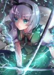  1girl black_hairband black_ribbon buttons closed_mouth collared_shirt green_eyes green_skirt green_vest grey_hair hair_ribbon hairband hitodama holding holding_sword holding_weapon katana konpaku_youmu konpaku_youmu_(ghost) puffy_short_sleeves puffy_sleeves ribbon shirt short_hair short_sleeves skirt solo sword touhou vest weapon white_shirt zukapin 