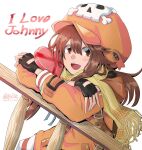  1girl black_gloves box box_of_chocolates brown_eyes brown_hair fingerless_gloves gift gloves guilty_gear guilty_gear_strive heart-shaped_box holding holding_gift hood hoodie long_hair looking_at_viewer mariebell may_(guilty_gear) open_mouth orange_headwear orange_hoodie orange_shirt scarf shirt skull_and_crossbones yellow_scarf 