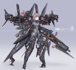  1girl absurdres armor bayonet bodysuit brown_hair commentary_request covered_navel full_body grey_background gun highres holding holding_gun holding_weapon mecha_musume missile_pod original rifle skin_tight solo standing tamasi thrusters tube violet_eyes weapon 