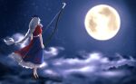  1girl bow_(weapon) braid clouds cloudy_sky crescent_moon dress facing_away from_behind full_moon hat holding holding_bow_(weapon) holding_weapon long_hair moon moonlight night night_sky nora_(le-chat-noir) sky solo touhou weapon yagokoro_eirin 