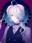  1boy animal_ears bishounen blonde_hair blue_bow blue_bowtie blue_eyes blue_hair blue_shirt blue_vest bow bowtie collared_shirt hair_over_one_eye highres light_blue_hair long_sleeves male_focus mel6969 mole mole_under_eye multicolored_hair one_eye_covered pink_hair purple_hair rabbit_boy rabbit_ears shirt show_by_rock!! solo uraragi_(show_by_rock!!) vest 