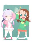  2girls :d =_= arm_up bangs beads blunt_bangs blush_stickers border brown_hair capelet chibi child commentary_request covering_face dated dragon_girl female_child flower forehead full_body green_background green_eyes green_footwear green_shirt hair_beads hair_flower hair_ornament hand_on_own_thigh hand_up highres kanna_kamui kobayashi-san_chi_no_maidragon light_purple_hair long_hair long_sleeves low_twintails multiple_girls orange_skirt pink_hair red_footwear reflection saikawa_riko samansa_ex shirt signature simple_background skirt smile standing twintails v v-shaped_eyebrows white_border white_capelet 