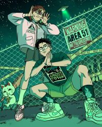  1boy 1girl alien area_51 ayase_momo black_hair brown_hair cat dandadan earrings gabriel_picolo glasses highres jacket jewelry open_clothes open_jacket shoes takakura_ken_(dandadan) turbo_granny 