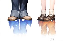  2girls blue_footwear boots brown_footwear brown_pants denim different_reflection feet feet_only foot_focus fujiwara_hazuki jeans loafers multiple_girls ojamajo_doremi orange_footwear pants pointy_footwear reflection reflective_floor ryota_(ry_o_ta) senoo_aiko shoes signature simple_background socks standing white_background white_socks 