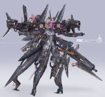  1girl absurdres armor bayonet bodysuit brown_hair commentary_request covered_navel full_body grey_background gun headgear highres holding holding_gun holding_weapon mecha_musume missile_pod original rifle skin_tight solo standing tamasi thrusters tube visor_(armor) weapon 
