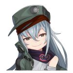  1girl brown_eyes closed_mouth english_commentary g11_(girls&#039;_frontline) girls_frontline green_headwear green_jacket grey_hair grey_shirt hair_between_eyes hat jacket long_hair looking_at_viewer purple_scarf ran_system scarf shirt simple_background smile solo straight-on upper_body white_background 