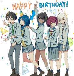  1boy 4girls absurdres black_hair blue_bow blue_bowtie blue_eyes blue_hair bow bowtie brown_bow brown_bowtie brown_eyes brown_footwear confetti full_body green_bow green_bowtie green_necktie grey_shorts grey_skirt highres jacket k2s komari_chika long_sleeves make_heroine_ga_oo_sugiru! medium_hair multiple_girls necktie nukumizu_kazuhiko red_bow red_bowtie school_uniform shiratama_riko shirt short_hair shorts skirt smile standing v violet_eyes white_hair white_shirt winter_uniform yakishio_lemon yanami_anna yellow_bow yellow_bowtie 