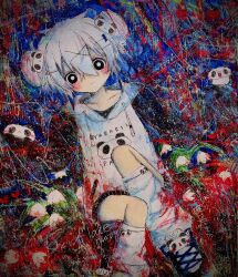  1girl baggy_socks black_eyes blush double_bun flower hair_between_eyes hair_bun hair_ornament hairclip highres hood hoodie kaikanaaaaa original pale_skin panda panda_hair_ornament shoes white_hair x_hair_ornament 