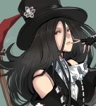  1other androgynous ascot bare_shoulders black_gloves black_hair black_headwear blood fingerless_gloves gloves guilty_gear guilty_gear_strive hat highres long_hair looking_at_viewer mariebell other_focus parted_lips red_eyes scythe testament_(guilty_gear) top_hat white_ascot 