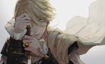  1boy absurdres aesop_carl aesop_carl_(hamlet) black_jacket blonde_hair cape cross_print frilled_sleeves frills green_eyes hair_between_eyes hand_on_hilt highres holding holding_sword holding_weapon identity_v jacket jewelry long_hair looking_at_viewer low_ponytail male_focus official_alternate_costume one_eye_covered parted_lips ring shirt simple_background solo sword toalke_knell upper_body weapon white_background white_shirt yellow_cape 