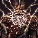  1boy absurdres armor artist_name beard commentary crown dark_souls_(series) dark_souls_i english_commentary facial_hair gold_armor gwyn_lord_of_sunlight hair_between_eyes highres lightning long_beard long_hair looking_at_viewer menaslg solo tall_crown weapon white_eyes white_hair 