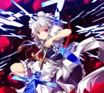  1girl apron blue_dress bow braid clock danmaku dress frilled_apron frilled_dress frills green_bow grey_hair hair_bow highres holding holding_knife izayoi_sakuya knife maid maid_apron maid_headdress puffy_short_sleeves puffy_sleeves red_eyes short_hair short_sleeves solo touhou twin_braids ugume waist_apron white_apron 