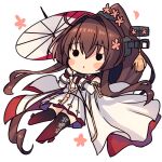  1girl brown_hair cherry_blossoms chibi clothes_writing detached_sleeves flower full_body hair_between_eyes hair_flower hair_ornament headgear holding holding_umbrella kantai_collection kasumi_(skchkko) long_hair oil-paper_umbrella pink_flower ponytail simple_background solo tassel thigh-highs umbrella very_long_hair white_background wide_sleeves yamato_(kancolle) yamato_kai_ni_(kancolle) 