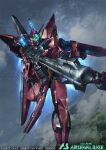  aegis_gundam clenched_hand clouds glint glowing glowing_eyes green_eyes gun gundam gundam_arsenal_base gundam_seed holding holding_gun holding_weapon logo looking_down mecha official_art paintedmike robot sky solo v-fin weapon 