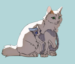  alternate_design animal animal_focus blue_background blue_eyes cat claws commentary fugu_(fugusunburst55) green_eyes highres ivypool kitten mother_and_daughter no_humans omen_of_the_stars scared short_tail sitting tail warrior_cats white_cat whitewing_(warrior_cats) 