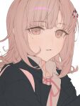  1girl bangs black_jacket collared_jacket collared_shirt danganronpa_(series) danganronpa_2:_goodbye_despair english_commentary galaga grey_shirt hair_between_eyes hair_ornament heikokuru1224 highres jacket light_brown_hair looking_at_viewer nanami_chiaki open_clothes open_jacket pink_eyes shirt short_hair simple_background solo spaceship_hair_ornament teeth upper_body white_background 