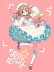  1girl ankle_socks arm_up artist_name battery_indicator belt beret birthday blunt_bangs blush bow bowtie brown_eyes brown_footwear brown_hair candy cellphone character_name clenched_teeth commentary_request doll double_bun doughnut dress english_text fingernails food frilled_dress frills full_body hair_bun hand_up happy_birthday hat heart highres idol idol_clothes idolmaster idolmaster_cinderella_girls idolmaster_cinderella_girls_starlight_stage kitami_yuzu layered_dress long_sleeves looking_at_viewer munakata_atsumi official_alternate_costume open_mouth phone pink_background pink_bow pink_bowtie ponytail pudding puffy_long_sleeves puffy_sleeves shiina_noriko shoes short_hair sidelocks smartphone smile socks solo sprinkles standing standing_on_one_leg star_(symbol) straight_hair stuffed_toy takeda_larissa_tago teeth three_quarter_view twitter_username white_belt white_dress white_hat white_socks 