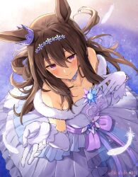  1girl admire_vega_(glacialis_vega)_(umamusume) admire_vega_(umamusume) animal_ears brown_hair choker dress ear_covers feathers flower_hairband hairband highres horse_ears horse_girl light_blush long_hair looking_at_viewer looking_up off-shoulder_dress off_shoulder single_ear_cover smile solo starheart umamusume violet_eyes white_dress white_feathers 