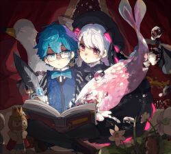  1boy 1girl beret bird black_bow black_dress black_hat blue_bow blue_bowtie blue_eyes blue_hair blue_vest book bow bowtie commentary_request crown dress expressionless facing_viewer fate/extra fate/grand_order fate_(series) fins fish_tail flower glasses goose hans_christian_andersen_(fate) hat hat_bow holding holding_quill king looking_at_another nursery_rhyme_(fate) open_book parted_lips quill senpuuki_(lince0713) sidelocks sideways_glance sparkle tail vest violet_eyes water white_hair 