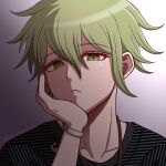  1boy amami_rantarou artist_name bangs bracelet danganronpa_(series) danganronpa_v3:_killing_harmony earrings gradient_background green_eyes green_hair grey_background hair_between_eyes hand_on_own_cheek hand_on_own_face hand_up highres jewelry male_focus messy_hair necklace shiny_skin shirt short_hair solo striped striped_shirt suiren_yurei teeth 