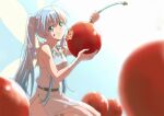  ahoge ankle_cuffs bangs bare_legs bare_shoulders belt benriya_saitou-san_isekai_ni_iku blue_eyes blue_hair blue_sky blurry breasts cherry commentary depth_of_field dress eating fairy fairy_wings food food_on_face frills fruit grey_dress hair_between_eyes holding holding_food kneeling lafanpan lens_flare messy_hair no_nose randorii shadow side_slit size_difference sky small_breasts twintails wings wrist_cuffs 