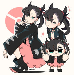  1girl black_footwear black_hair black_jacket black_nails blue_hair cremanata cross_earrings cyan_eyes earrings marnie_(pokemon) middle_finger nail_polish necklace pink_dress pokemon pokemon_swsh sparkle twintails white_background 