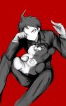  1boy ahoge bangs closed_mouth danganronpa_(series) danganronpa_3_(anime) feet_out_of_frame formal grin hands_up highres ja_gi_(kmhnhiiz) jacket long_sleeves monokuma pants red_background short_hair simple_background smile solo teeth 