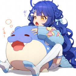  1girl absurdres ahoge amamiya_kokoro blue_cardigan blue_hair cardigan cloud_hair_ornament commentary_request hair_ornament highres long_hair lunch_boxer nijisanji no_shoes open_mouth pokemon pokemon_sleep simple_background solo spheal thigh-highs very_long_hair virtual_youtuber white_background white_thighhighs x_hair_ornament yellow_eyes 