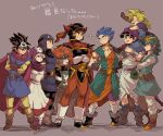  1girl 6+boys arm_up armlet armor belt belt_buckle black_eyes black_hair blonde_hair blue_cape blue_eyes blue_hair blue_tunic boots bracelet brown_footwear brown_gloves brown_hair buckle cape carrying circlet closed_mouth collarbone commentary_request crossed_arms curly_hair dragon_quest dragon_quest_i dragon_quest_ii dragon_quest_iii dragon_quest_iv dragon_quest_v dragon_quest_vi dress earrings fake_horns father_and_son full_body gloves goggles goggles_on_head goggles_on_headwear green_hair green_tunic grin headpiece helmet hero&#039;s_son_(dq5) hero_(dq1) hero_(dq3) hero_(dq4) hero_(dq5) hero_(dq6) highres hood horned_helmet horns jewelry long_hair long_sleeves low_ponytail male_child multiple_boys neck neck_ring orange_hair orange_pants orange_shirt pants pectorals piyoko_saito prince_of_lorasia prince_of_samantoria princess_of_moonbrook purple_cape purple_headwear red_eyes robe shirt short_hair shoulder_armor shoulder_carry simple_background smile spiky_hair standing torn_clothes translation_request turban white_gloves white_pants white_shirt yellow_pants yellow_shirt 