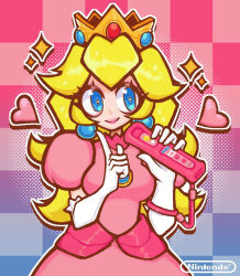 1girl bb0xx blonde_hair blue_earrings blue_eyes checkered checkered_background crown earrings gradient_background heart nintendo pink_dress princess_peach sparkle super_mario_bros. white_gloves wii wii_remote