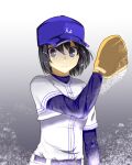  1girl bangs baseball_cap baseball_jersey baseball_mitt baseball_uniform belt black_eyes black_hair blue_belt blue_headwear blue_undershirt bob_cut closed_mouth commentary expressionless floating_hair gradient_background grey_background hair_between_eyes hat kawahama_touko light_particles long_sleeves looking_at_viewer pants pixiv_girls&#039;_pro_baseball pokaan_(aserazu_netamazu) serious shaded_face shirt short_hair short_sleeves solo sportswear undershirt upper_body white_pants white_shirt 