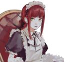  1girl apron bangs braid braided_ponytail chainsaw_man expressionless kamo_(kamonegioisi) looking_at_viewer maid maid_apron maid_headdress makima_(chainsaw_man) medium_hair puffy_short_sleeves puffy_sleeves redhead ringed_eyes short_sleeves sidelocks simple_background solo white_background yellow_eyes 