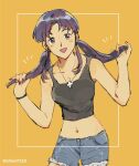  1girl blush_stickers breasts cross cross_necklace holding holding_hair jewelry katsuragi_misato nail_polish navel necklace neon_genesis_evangelion open_mouth purple_hair shiso7110 shorts solo twintails yellow_background 
