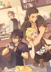  &gt;_o 4boys black-framed_eyewear black_hair black_shirt black_vest blonde_hair blue_eyes brown_hair can chips_(food) chocobo commentary_request controller corrupted_twitter_file couch facial_hair faucet final_fantasy final_fantasy_xv fingerless_gloves food game_controller gegeblue gladiolus_amicitia gloves highres holding holding_can holding_controller holding_game_controller ignis_scientia indoors kitchen male_focus multiple_boys noctis_lucis_caelum one_eye_closed open_mouth plate potato_chips prompto_argentum sabotender shirt short_sleeves single_glove sleeveless spiky_hair stubble stuffed_toy sweat table vest white_shirt 