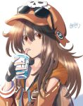  1girl bendy_straw black_gloves brown_hair cup disposable_cup drinking_straw drinking_straw_in_mouth eyewear_on_headwear fingerless_gloves gloves guilty_gear guilty_gear_strive hat_ornament holding holding_cup hood hoodie long_hair long_sleeves looking_at_viewer mariebell may_(guilty_gear) orange_eyes orange_headwear orange_hoodie orange_shirt shirt skull_and_crossbones skull_hat_ornament sunglasses 