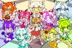  6+girls :/ ;) ;d alternate_design animal_ears animal_print arm_at_side arm_up arms_at_sides bangs bat_wings breast_pocket byakko_(kemono_friends) chibi closed_mouth collared_shirt colored_inner_hair colorful drill_hair elbow_gloves empty_eyes expressionless extra_ears facial_mark fang fang_out fangs fire flower forehead_mark garter_straps gloves golden_tabby_tiger_(kemono_friends) hand_up hat heterochromia highres holding holding_flower holding_sword holding_weapon jacket kemono_friends legs_apart light_smile long_hair long_sleeves looking_at_another looking_at_viewer maltese_tiger_(kemono_friends) medium_hair mini_hat mini_top_hat multicolored_hair multiple_girls necktie one_eye_closed open_mouth outstretched_arm plaid plaid_jacket plaid_necktie plaid_sleeves plaid_vest pocket print_gloves print_thighhighs rose saber_(weapon) shirt short_sleeves siberian_tiger_(kemono_friends) sleeveless sleeveless_shirt smile smilodon_(kemono_friends) south_china_tiger_(kemono_friends) srd_(srdsrd01) standing streaked_hair sumatran_tiger_(kemono_friends) sweater_vest sword tail thigh-highs tiger_(kemono_friends) tiger_ears tiger_girl tiger_print tiger_tail tilted_headwear top_hat twintails v v-shaped_eyebrows vest weapon white_tiger_(kemono_friends) white_tiger_print wings zettai_ryouiki 