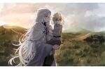  1boy 1girl :o aged_down ahoge artoria_pendragon_(fate) black_shirt border brown_footwear brown_pants capelet carrying center_frills child_carry clouds cowboy_shot fate/grand_order fate_(series) female_child frills from_side grass green_eyes grey_shirt hair_between_eyes highres hood hood_up hooded_capelet letterboxed long_hair looking_ahead looking_to_the_side medium_hair merlin_(fate) mountain nayu_tundora pants parted_lips profile robe shirt shoes smile tree turtleneck violet_eyes white_border white_capelet white_hair white_robe wide_sleeves 