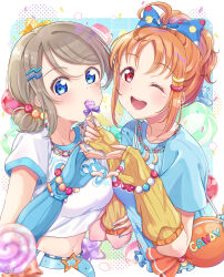 2girls absurdres alternate_hairstyle bag blue_eyes brown_hair candy crop_top fingerless_gloves fingernails food gloves highres iroenpitsu_xxx jewelry licking love_live! love_live!_sunshine!! midriff multiple_girls nail_polish navel necklace open_mouth orange_hair ponytail shirt short_hair shoulder_bag simple_background smile stomach t-shirt takami_chika teeth tongue upper_teeth_only watanabe_you wavy_hair