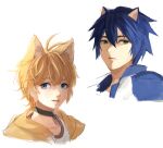  2boys animal_ears banri_0917 blonde_hair blue_eyes blue_hair commentary_request fox_boy fox_ears green_eyes hair_between_eyes humanization korean_commentary looking_to_the_side male_focus multiple_boys portrait short_hair simple_background smile sonic_(series) sonic_the_hedgehog tails_(sonic) white_background 