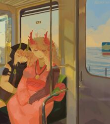  blue_background closed_eyes closed_mouth demon demon_horns drooling green green_horns hood horns kimono orange_background phighting! pink pink_horns pink_kimono seat shuriken_(phighting!) sitting_on_person sky sleeping sleeping_on_person sunset train train_interior vinestaff_(phighting!) water white_hair white_skin window 