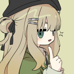  1girl :3 beret black_hat black_necktie black_ribbon collared_shirt from_side green_background green_eyes green_jacket hair_bun hair_ornament hair_ribbon hairclip hand_up hat highres index_finger_raised jacket kipfel_(vrchat) light_brown_hair long_hair long_sleeves looking_at_viewer looking_to_the_side mochiyama_kingyo necktie open_mouth pointing pointing_up pop_owl ribbon shirt simple_background single_hair_bun smile solo sparkle sweater_vest upper_body vrchat white_shirt 