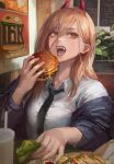  1boy bangs black_necktie blonde_hair blue_jacket burger chainsaw_man collared_shirt cross-shaped_pupils family_burger_(chainsaw_man) family_burger_mascot_(chainsaw_man) fast_food food hair_between_eyes holding holding_food horns imminent_bite jacket long_hair looking_at_viewer michemashu necktie off_shoulder open_mouth power_(chainsaw_man) red_horns sharp_teeth shirt solo symbol-shaped_pupils teeth white_shirt yellow_eyes 