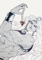  1boy agopasta battle_tendency bracelet dark-skinned_male dark_skin earrings highres holding holding_jewelry holding_necklace jewelry jojo_no_kimyou_na_bouken kars_(jojo) long_hair looking_at_viewer male_focus monochrome muscular muscular_male necklace red_stone_of_aja solo topless_male wavy_hair white_background 